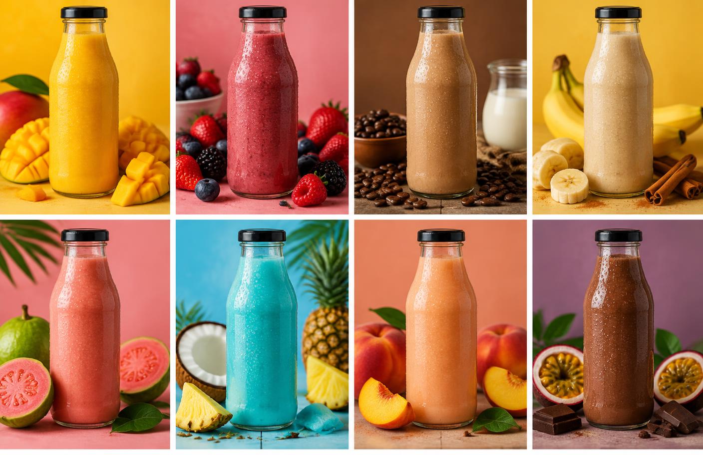 Oito novos sabores de batidas coloridas em garrafas